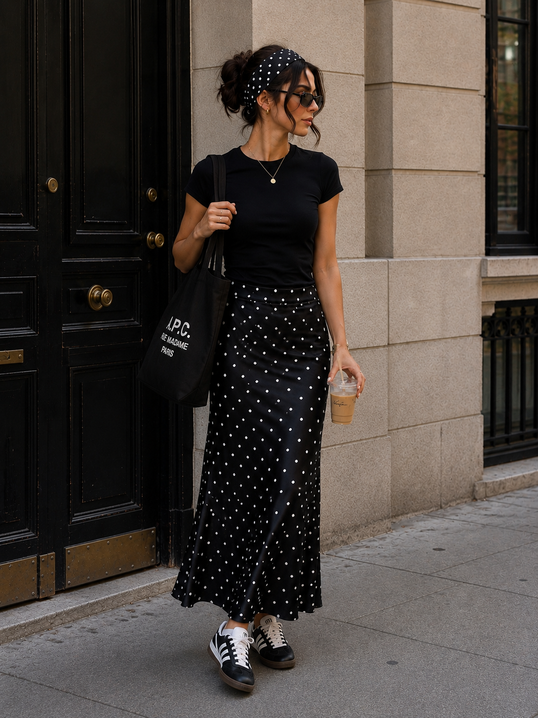 WearQueenly Midnight Micro-Polka Satin Maxi Skirt front view