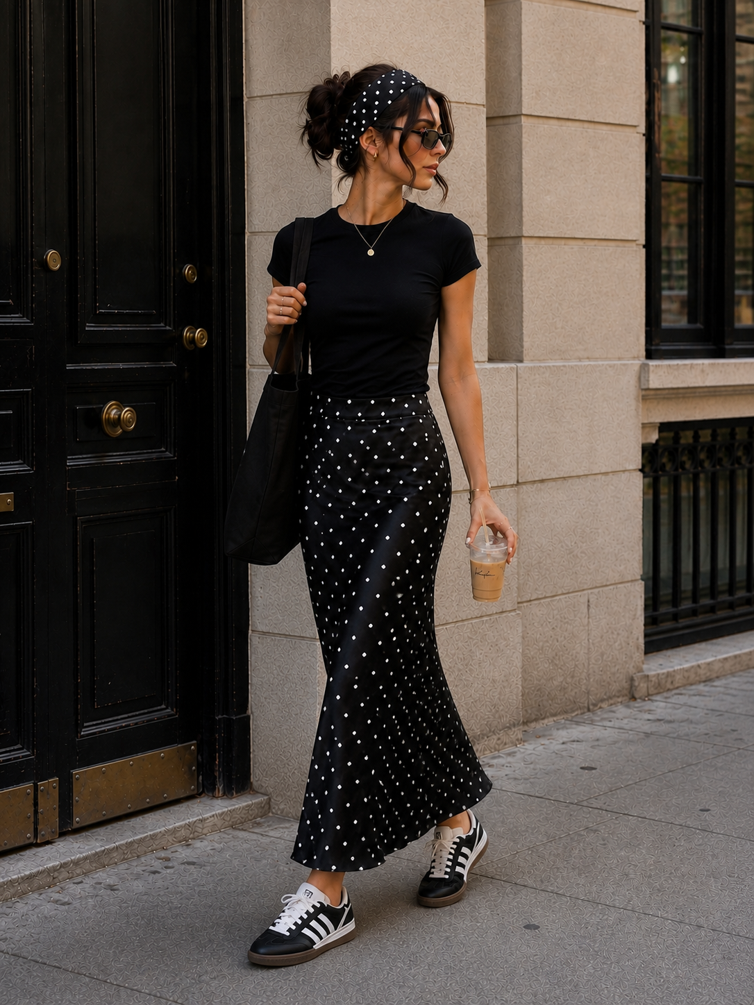 WearQueenly Midnight Micro-Polka Satin Maxi Skirt three-quarter view