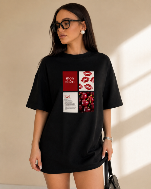 Mon Chéri oversized tee styled from a three-quarter angle