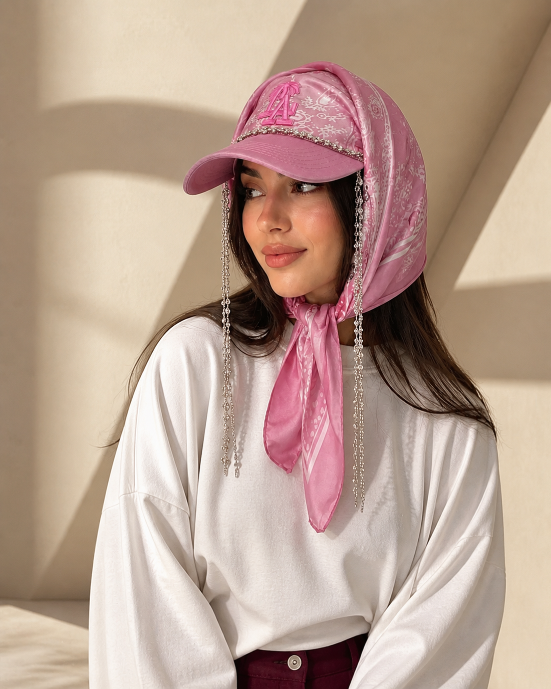 Pink Pop Scarf Cap worn from a three-quarter angle