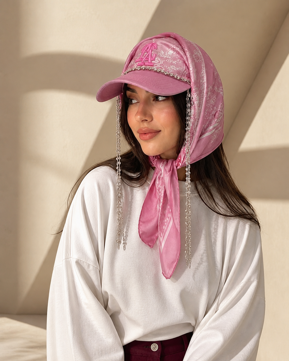 Pink Pop Scarf Cap worn from a three-quarter angle