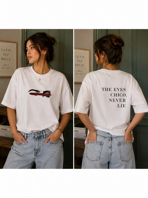 Front and back view of the Queenly Eyes Never Lie oversized white graphic T-shirt