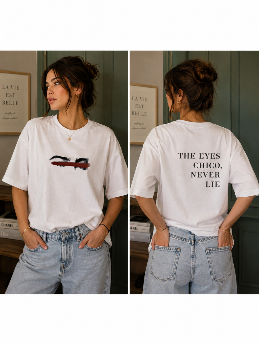 Front and back view of the Queenly Eyes Never Lie oversized white graphic T-shirt