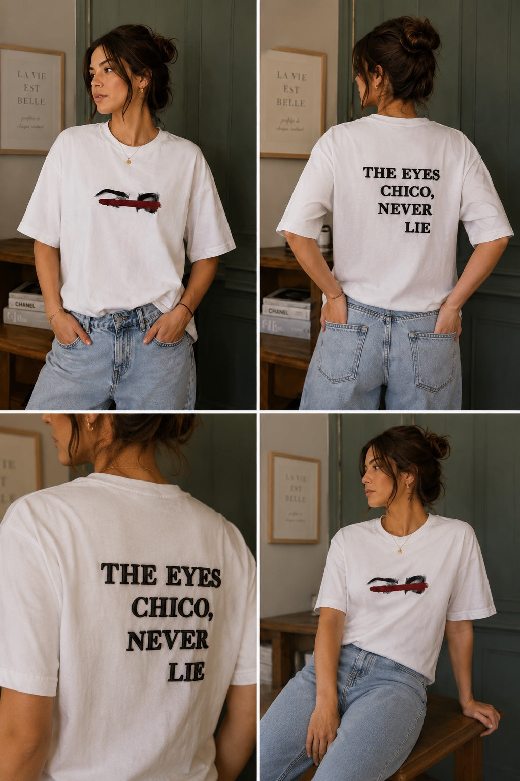 Queenly Eyes Never Lie tee front back close-up and seated model collage