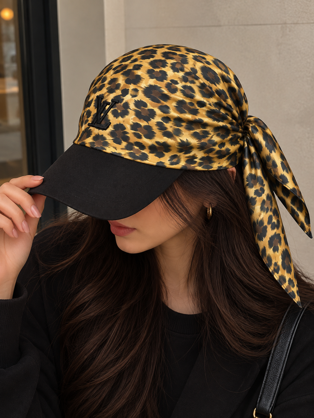 Leopard Bandana Cap — Gold — styled on model