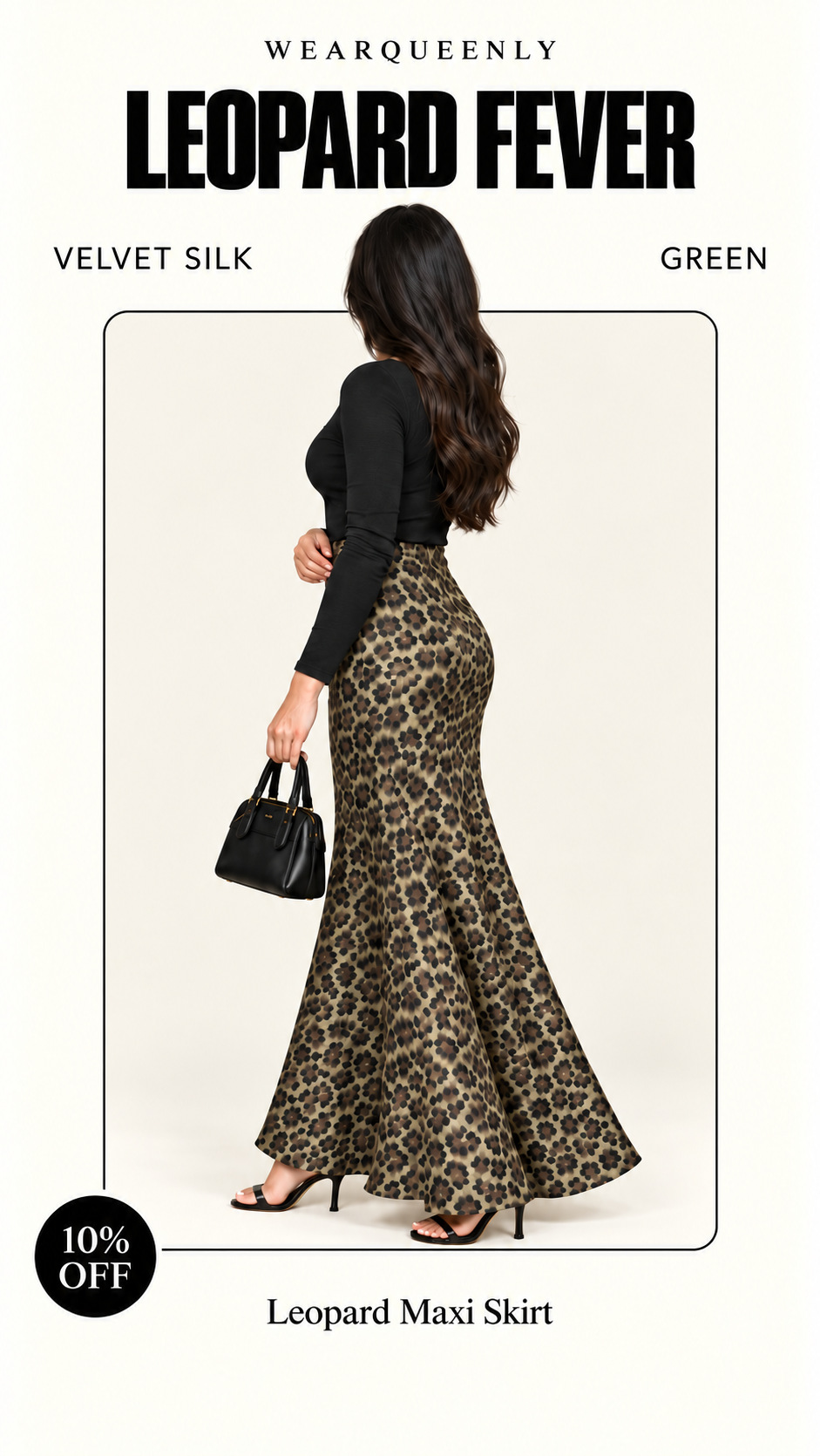 Green Leopard Maxi Skirt — velvet silk, tall editorial front view, full skirt