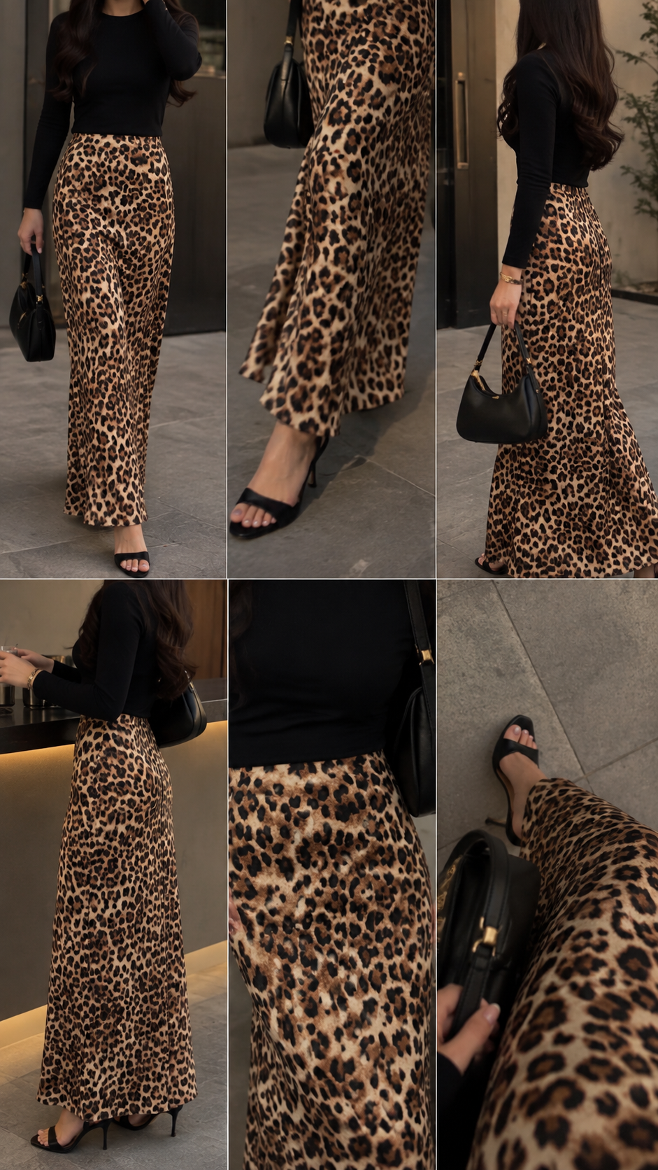Leopard Print Maxi Skirt shown from the front, side and back with fabric detail views.