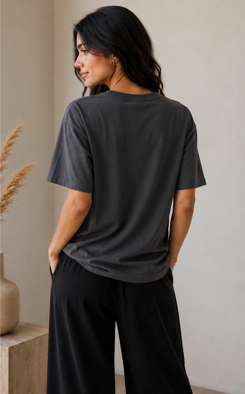Queenly Matcha charcoal tee back angle on model