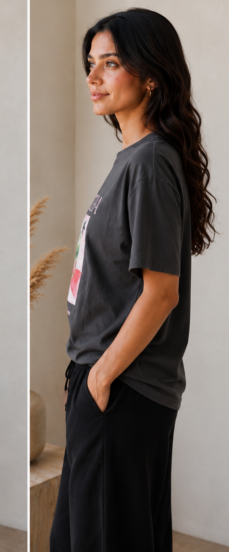 Queenly Matcha charcoal tee clean side angle on model