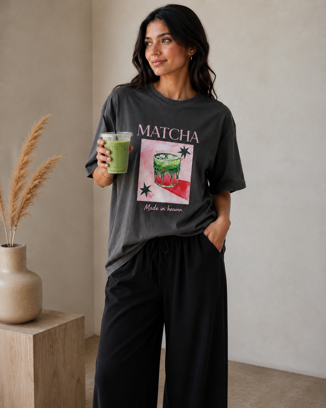 Queenly Matcha Made in Heaven charcoal graphic tee on model