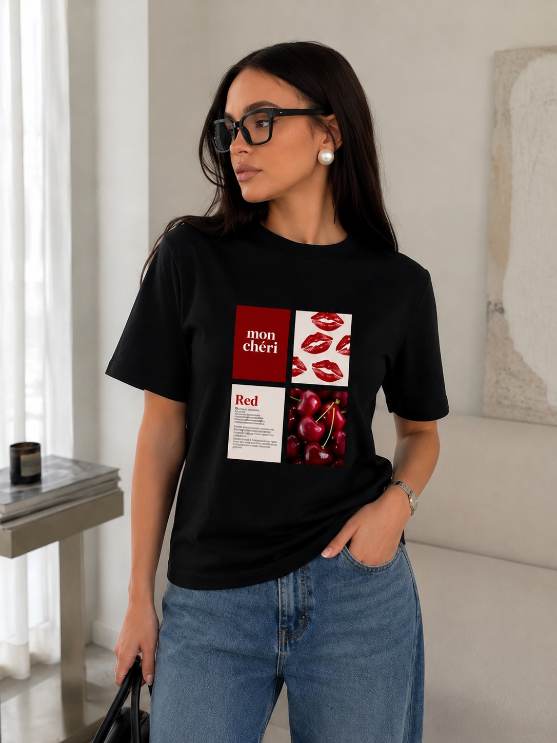 Close-up view of woman wearing the Queenly Mon Chéri black regular-fit graphic tee