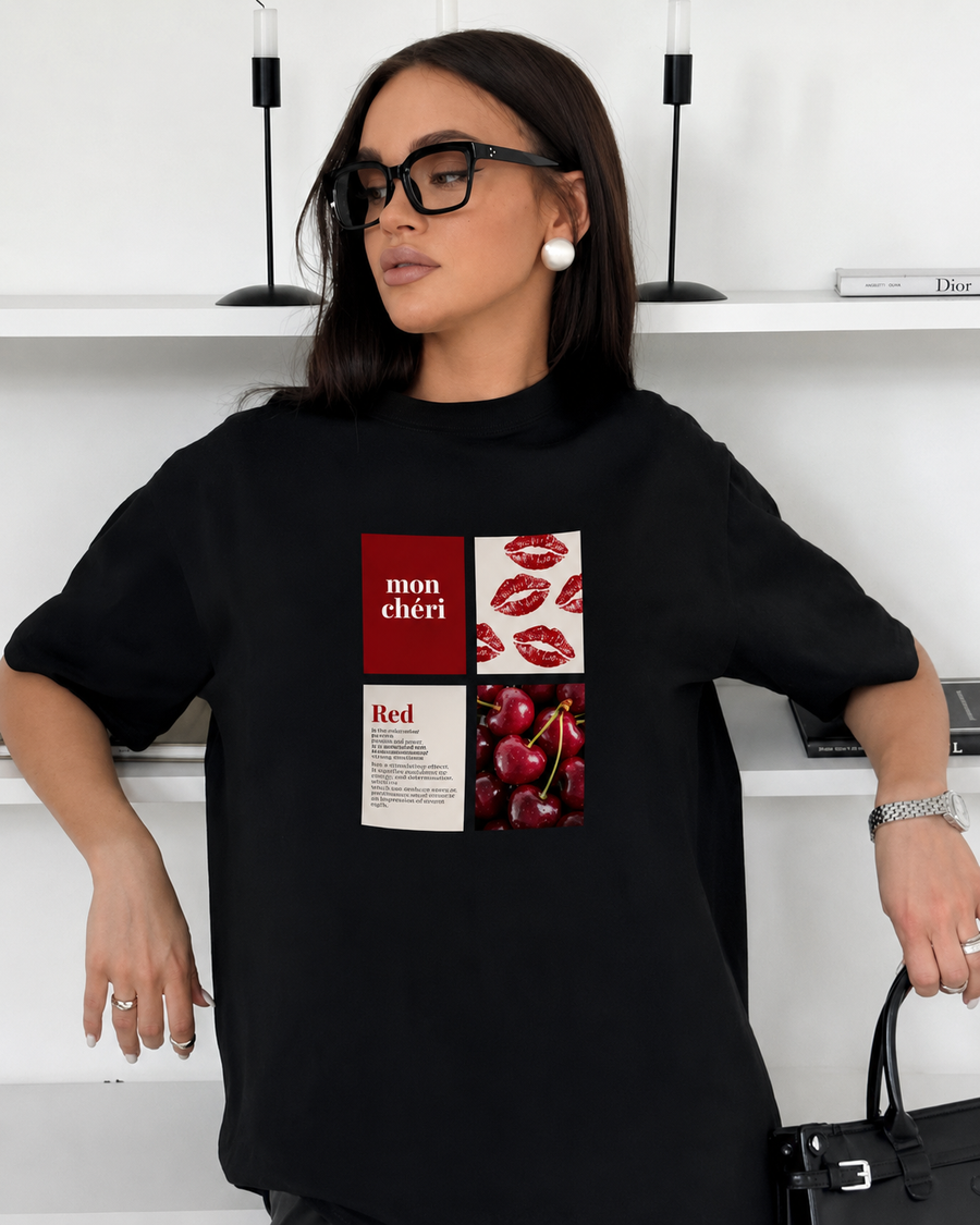 Woman wearing the Queenly Mon Chéri oversized black graphic T-shirt
