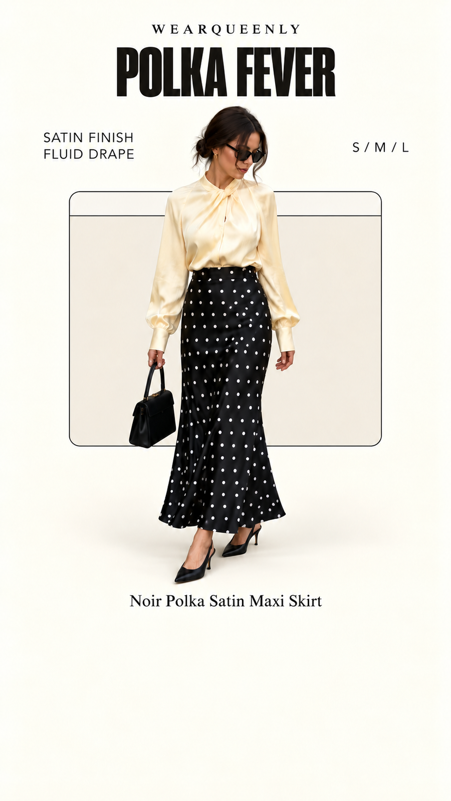 Noir Polka Satin Maxi Skirt — clean editorial product view