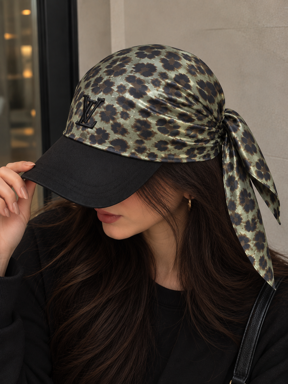 Leopard Bandana Cap — Olive — styled on model