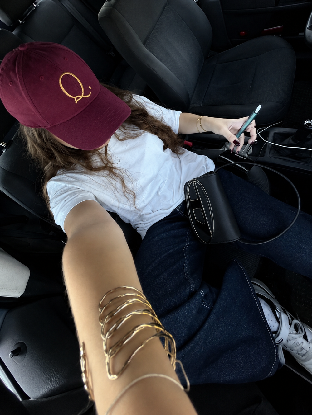 Queenly Q Cap — Burgundy — styled on model