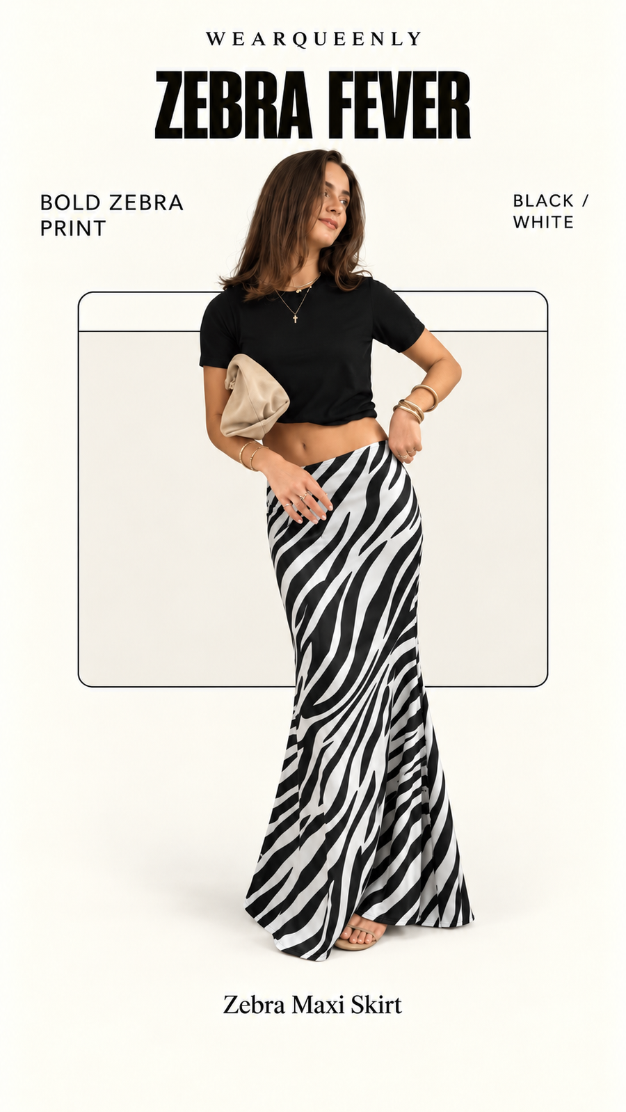 Zebra Print Maxi Skirt — black and white, clean editorial front view