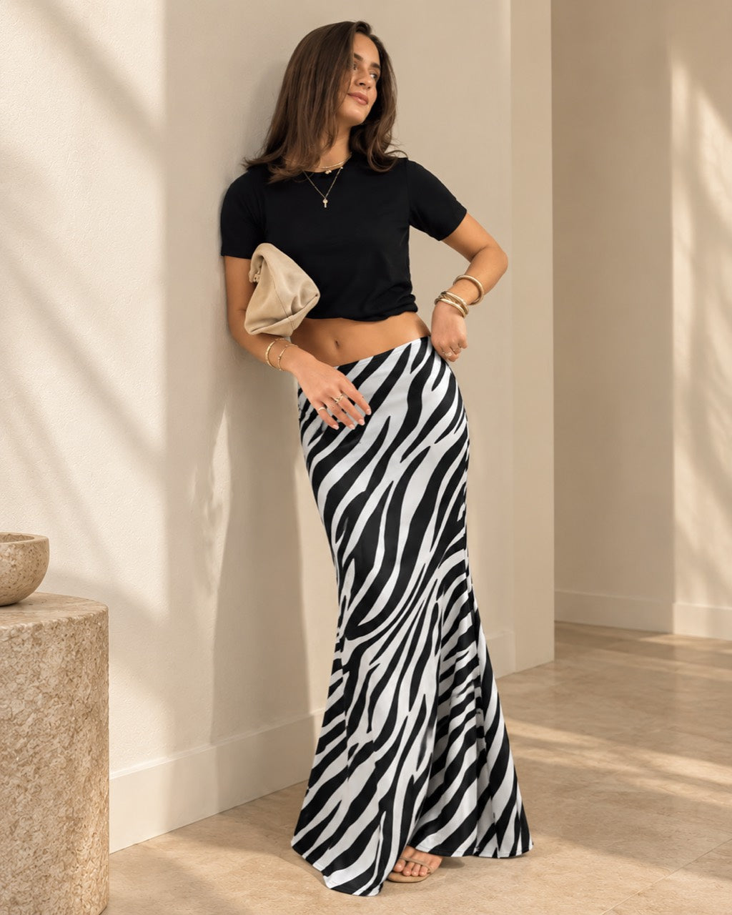 Zebra Print Maxi Skirt — black and white, full-length model view