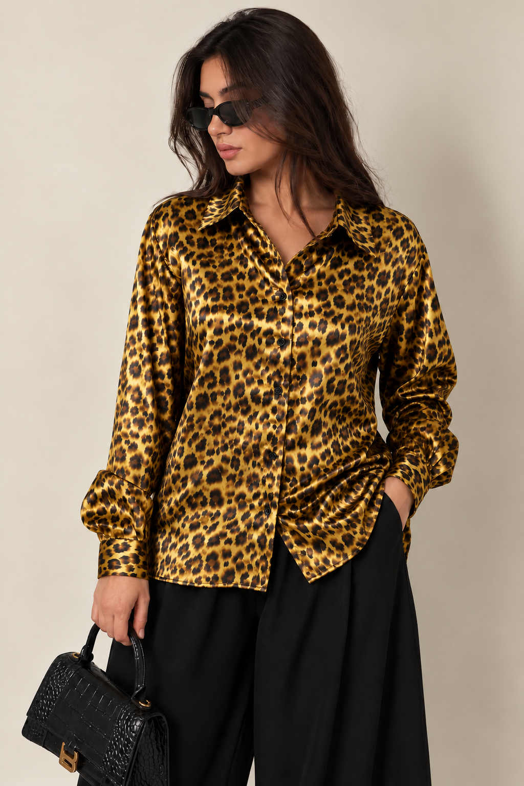 Model wearing Soleil Leopard Shirt