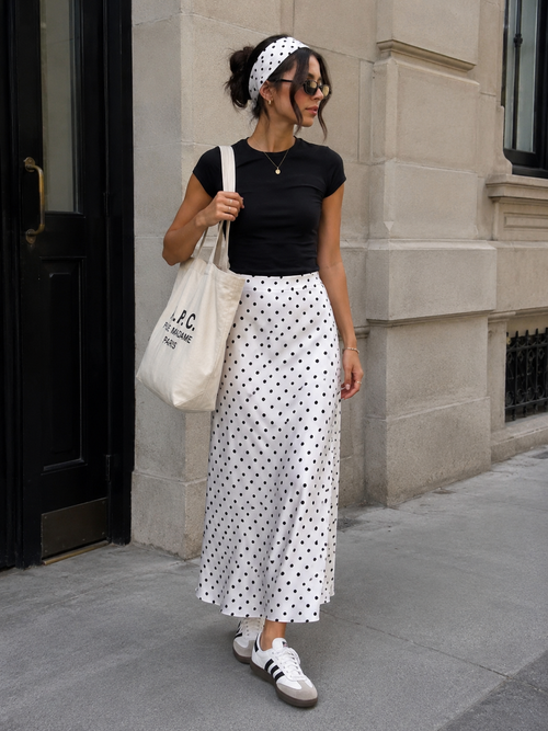 Ivory polka satin maxi skirt casual front styling
