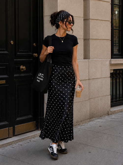 WearQueenly Midnight Micro-Polka Satin Maxi Skirt front view