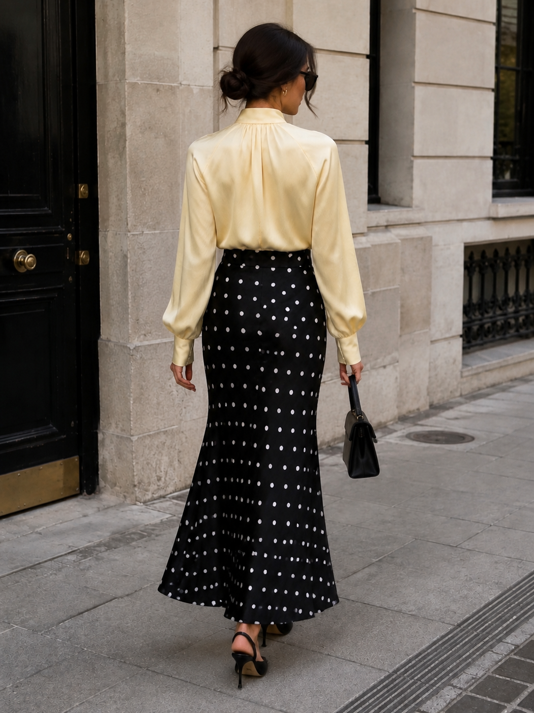 Noir polka satin maxi skirt rear view