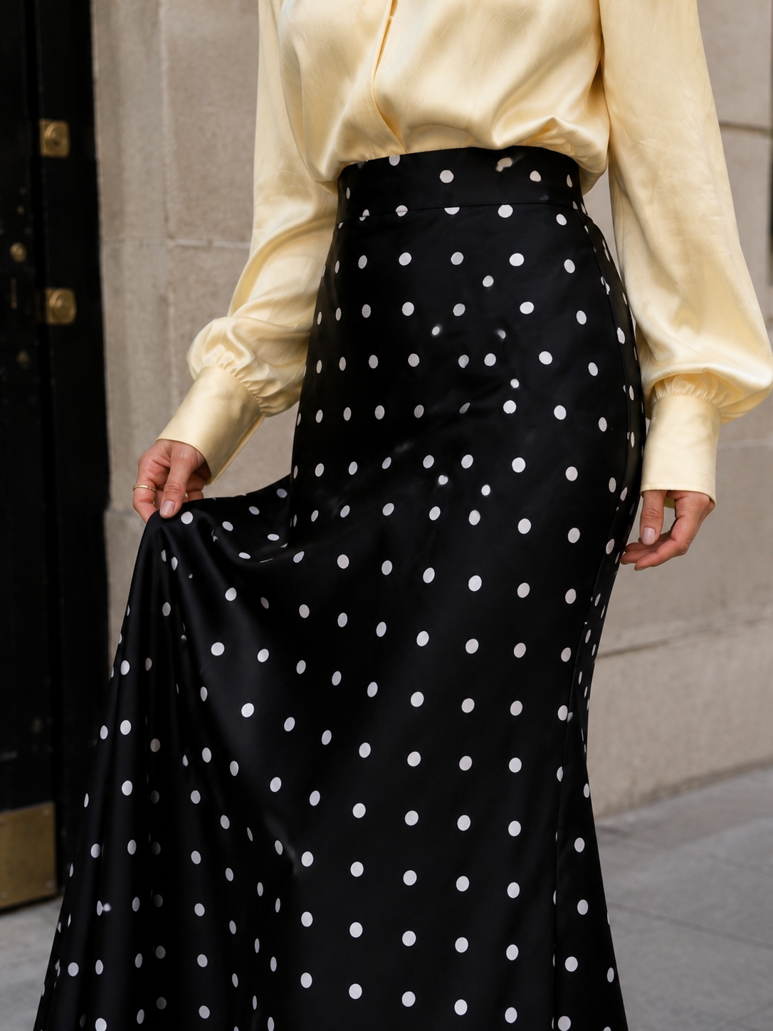 Noir polka satin maxi skirt waistband and fabric detail