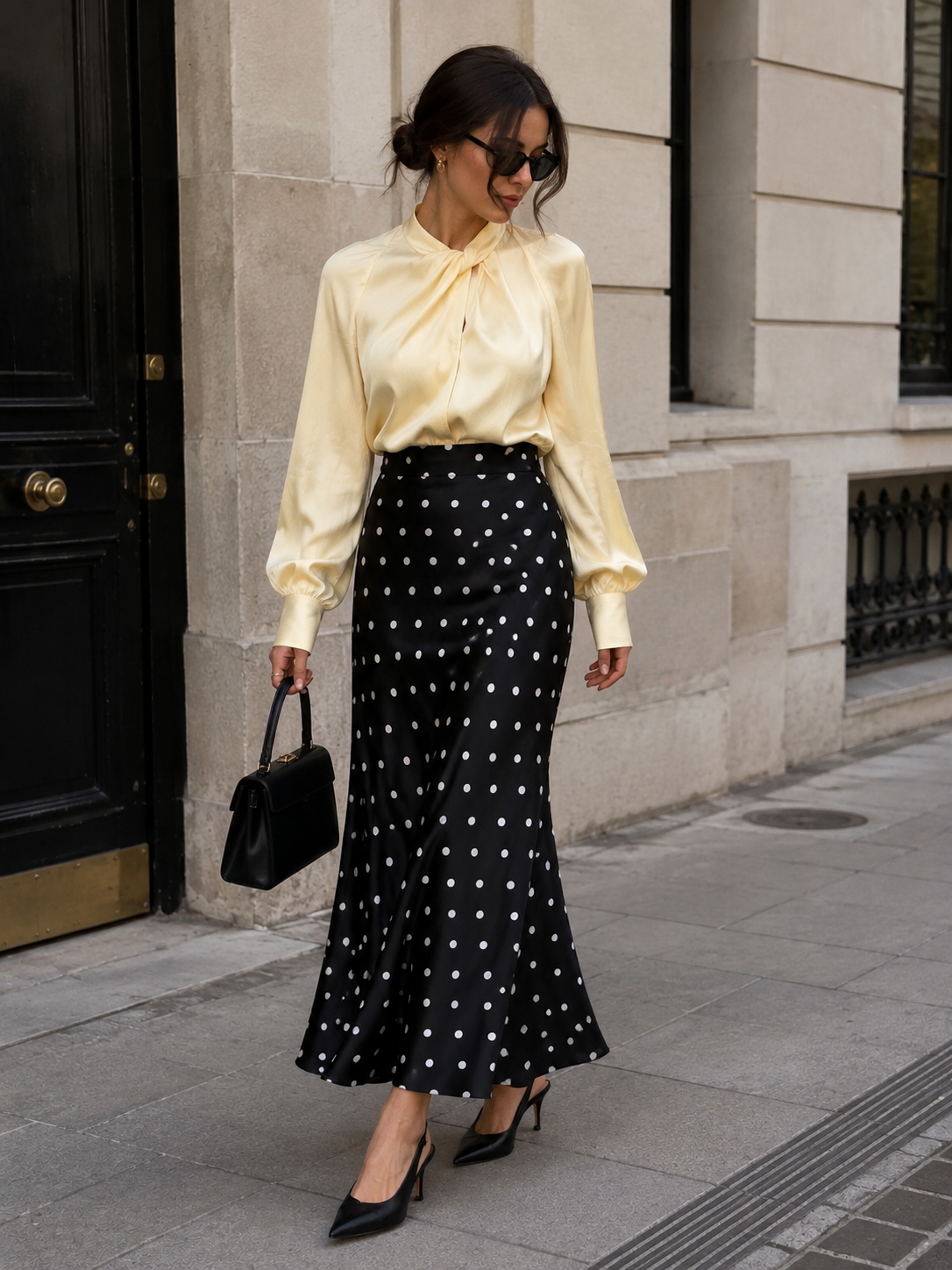 Noir polka satin maxi skirt front view