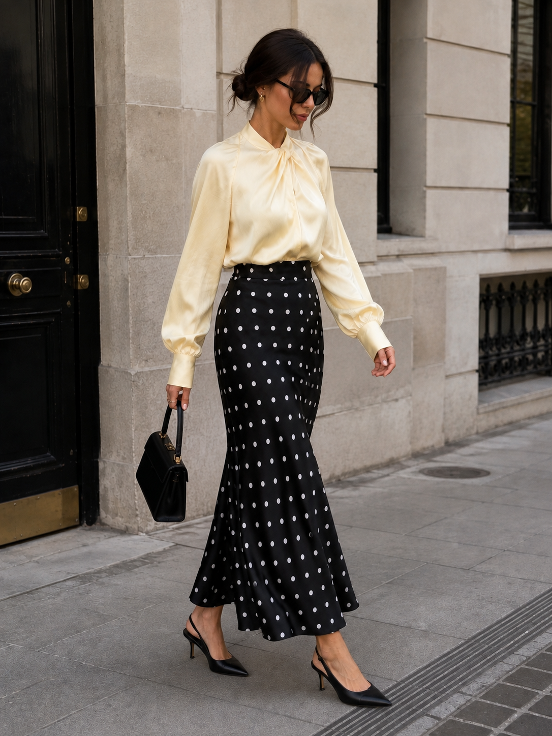 Noir polka satin maxi skirt three-quarter view